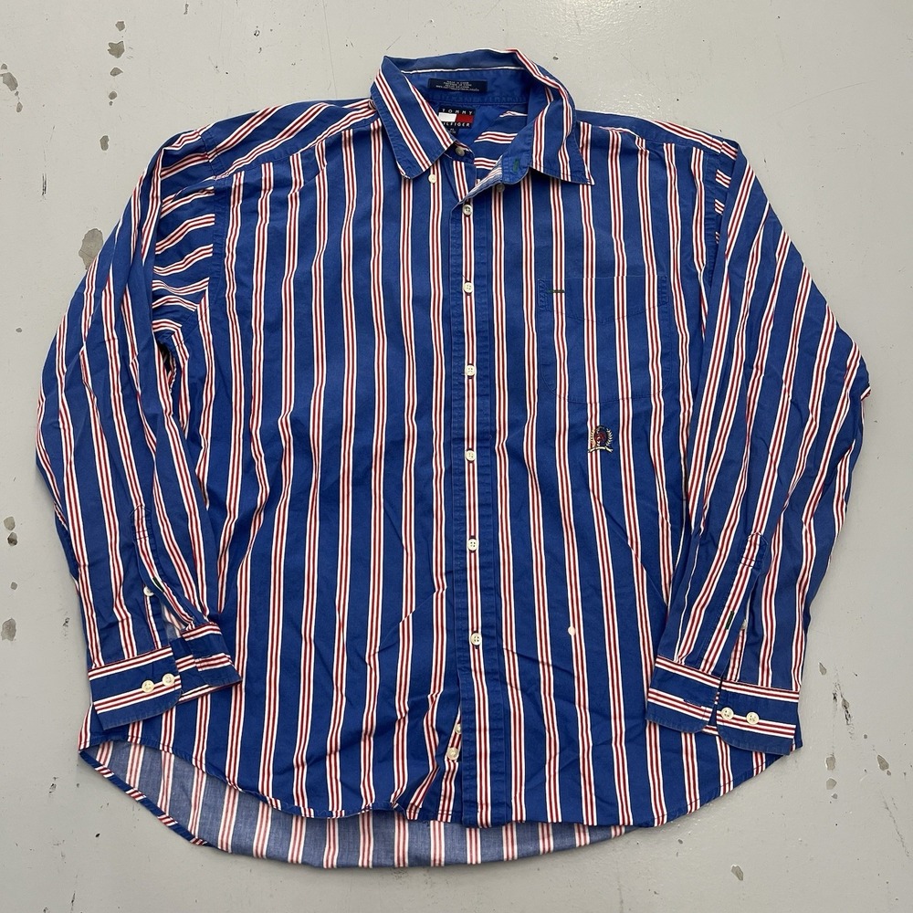 Vintage 90s Tommy Hilfiger Blue Red Button Up Mens Long Sleeve Shirt Size XL